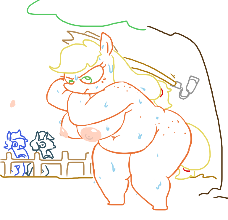 anthro anthrofied applejack applejack_(mlp) big_breasts breasts chubby equine female friendship_is_magic green_eyes group horn horse male mammal my_little_pony nipples nude pony sweat the_weaver thighs tree unicorn