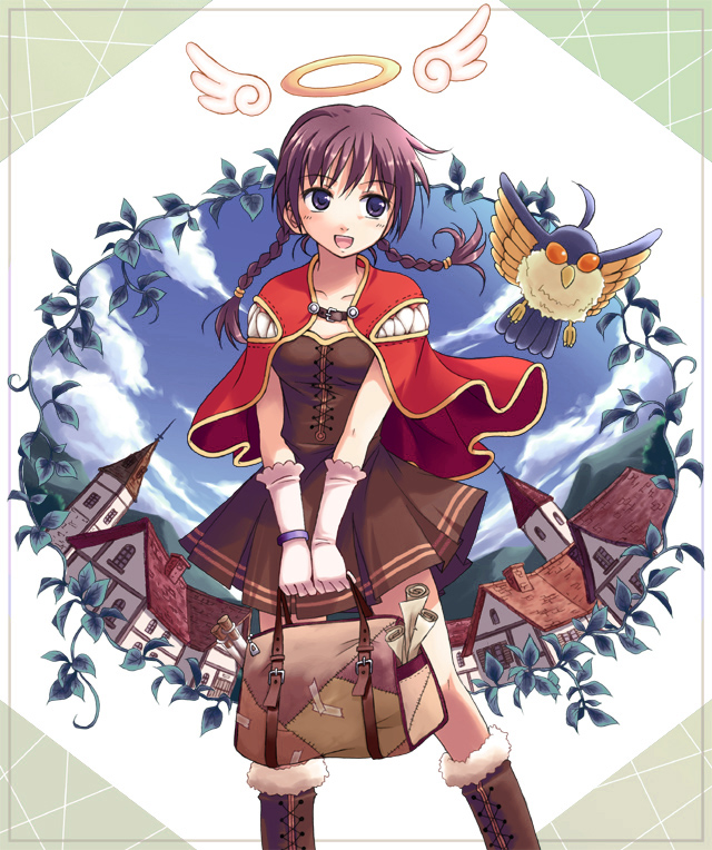 bad_id bad_pixiv_id bird blue_eyes boots braid cape creator filir_(ragnarok_online) gloves halo head_wings long_hair purple_hair ragnarok_online skirt solo twin_braids wings wristband yakka