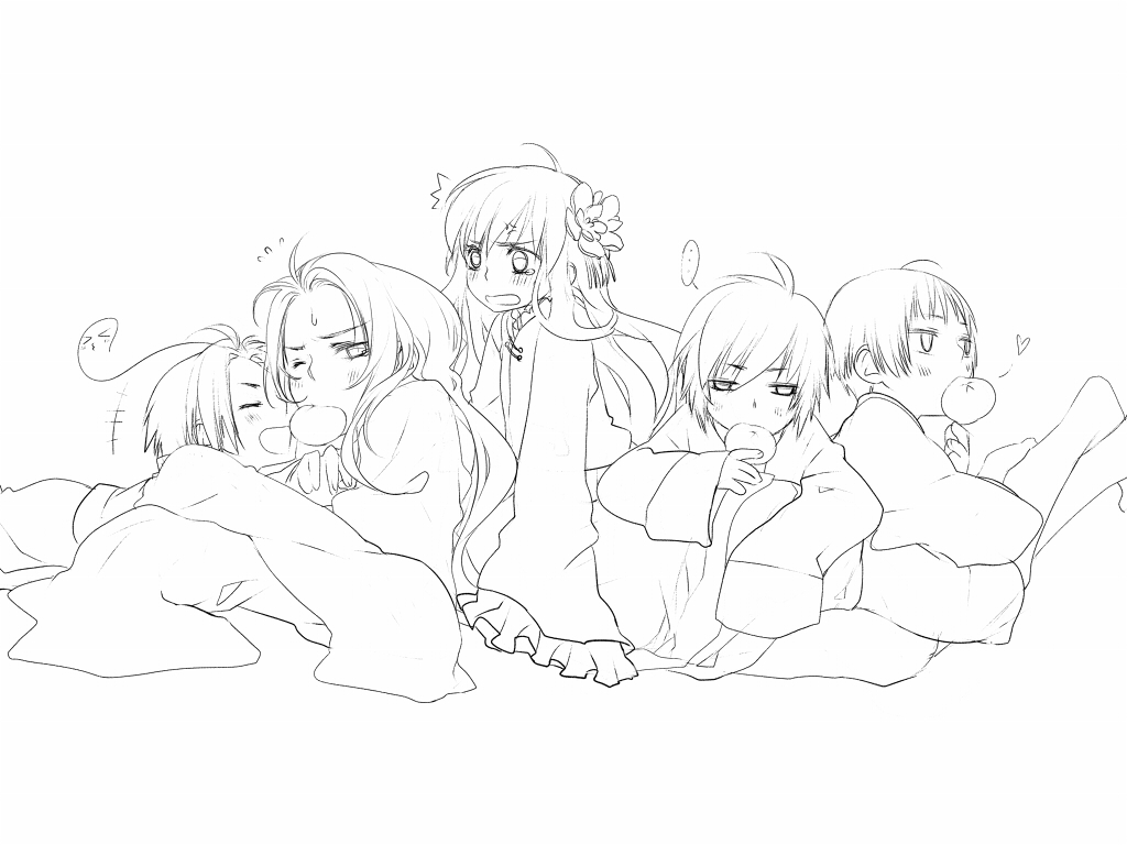 &gt;_&lt; /\/\/\ 1girl 4boys 61 ahoge angry arm_support axis_powers_hetalia barefoot blush changpao china_(hetalia) chinese_clothes closed_eyes eating flower food greyscale hair_flower hair_ornament heart hong_kong_(hetalia) japan_(hetalia) korea_(hetalia) leaning lineart long_hair lying monochrome mouth_hold multiple_boys one_eye_closed open_mouth short_hair sketch sweat taiwan_(hetalia) tears wide_sleeves