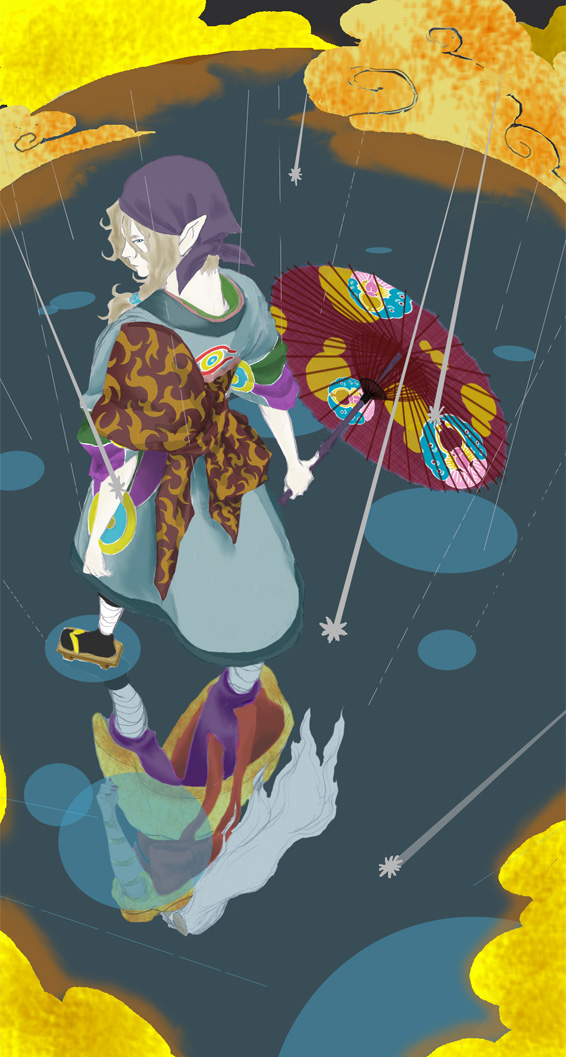 artist_request bandages bandana blonde_hair cloud contrast different_reflection dual_persona falling from_above geta japanese_clothes kimono kusuriuri_(dark) kusuriuri_(mononoke) long_hair male_focus mononoke obi oriental_umbrella pointy_ears reflection sandals sash umbrella white_hair