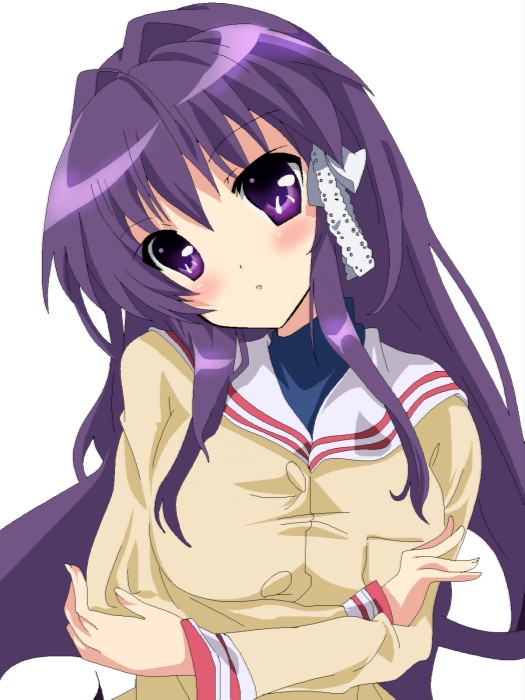 bad_id bad_pixiv_id clannad crossed_arms fujibayashi_kyou hikarizaka_private_high_school_uniform long_hair momoiro_tanuki purple_eyes purple_hair ribbon school_uniform solo