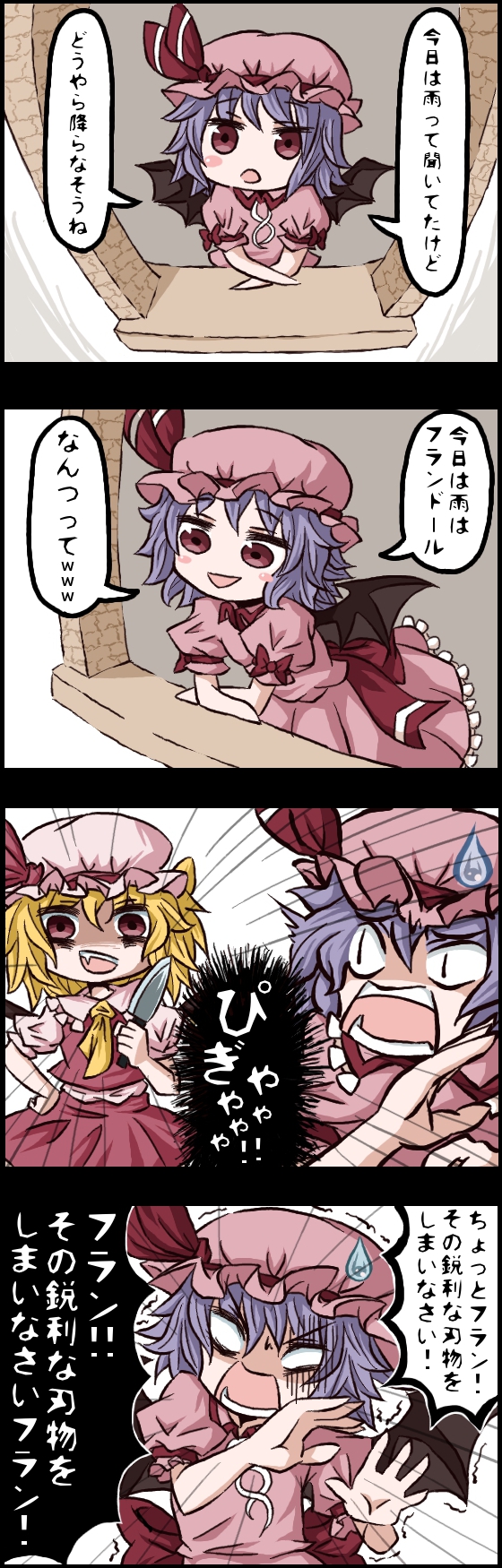 black_border border breasts comic flandre_scarlet hat highres jetto_komusou open_mouth purple_hair remilia_scarlet short_hair speech_bubble touhou translation_request