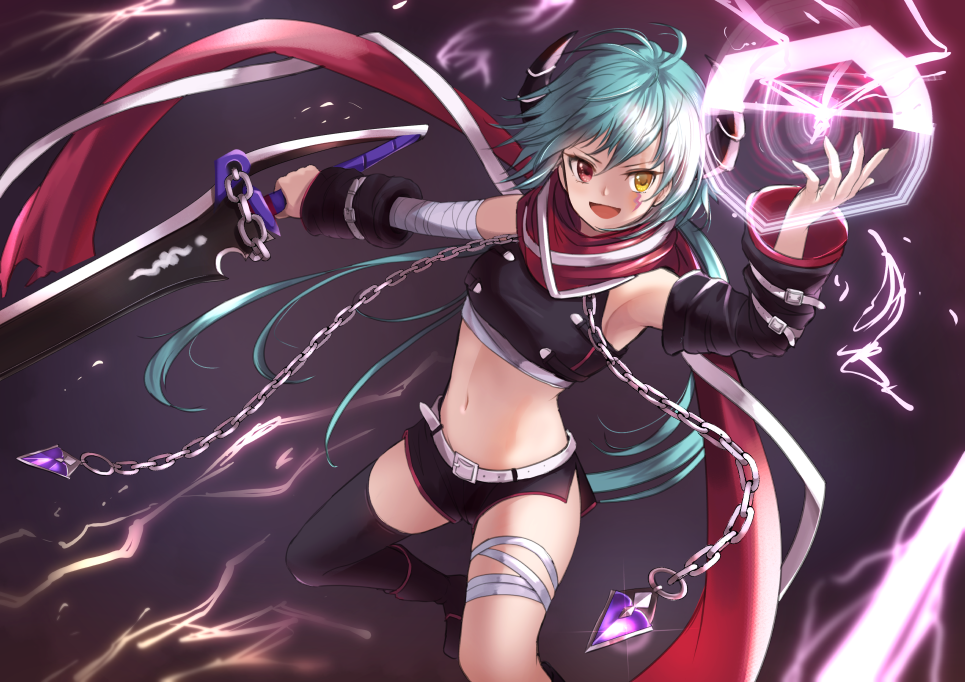 :d aqua_hair armpits bandaged_arm bandaged_leg bandages bangs bare_shoulders belt belt_buckle black_legwear black_shirt black_shorts breasts buckle chain crop_top crystal dargo detached_sleeves facial_mark grey_background hand_up heterochromia hiiragi_anna holding holding_sword holding_weapon horns long_hair long_sleeves looking_at_viewer low_twintails magic midriff navel open_mouth princess_connect! princess_connect!_re:dive red_eyes red_scarf ribbon scarf shirt short_shorts shorts side_slit sidelocks single_detached_sleeve single_thighhigh single_wrist_cuff small_breasts smile solo stomach sword thighhighs twintails v-shaped_eyebrows weapon white_ribbon wide_sleeves yellow_eyes