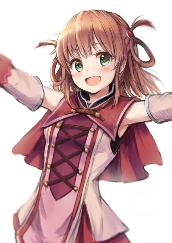 :d armpits arms_up bangs bare_shoulders blush breasts brown_hair capelet cross-laced_clothes dargo detached_sleeves eyebrows_visible_through_hair green_eyes hair_ornament hair_rings head_tilt inosaki_rino long_hair looking_at_viewer open_mouth outstretched_arms princess_connect! princess_connect!_re:dive red_capelet red_skirt shirt sidelocks simple_background skirt small_breasts smile solo upper_body white_background white_shirt