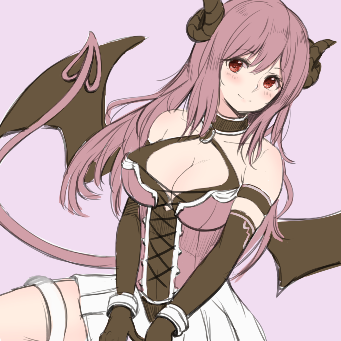 armband armpit_crease bangs bare_shoulders black_gloves blush breasts brown_hair cleavage closed_mouth collarbone cross-laced_clothes cuffs dargo demon_girl demon_horns demon_tail demon_wings elbow_gloves eyebrows_visible_through_hair gloves halterneck handcuffs hasekura_io horns large_breasts long_hair looking_at_viewer miniskirt pink_background pleated_skirt princess_connect! princess_connect!_re:dive red_eyes sidelocks simple_background sitting sketch skirt sleeveless smile solo tail v_arms white_skirt wings