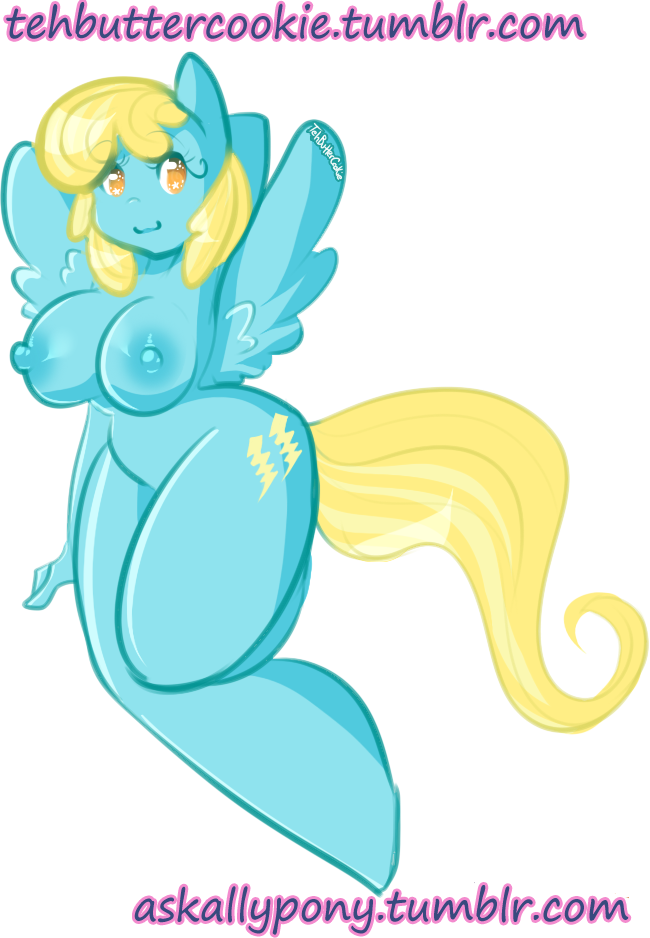 2013 amber_eyes anthro anthrofied big_breasts blonde_hair blue_fur breasts cutie_mark english_text equine female friendship_is_magic fur hair mammal my_little_pony nipples pegasus plain_background sassaflash sassaflash_(mlp) solo tehbuttercookie text white_background wings