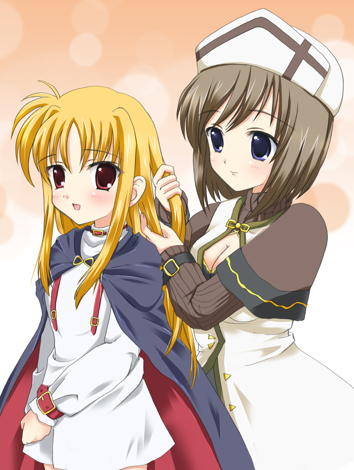 blonde_hair blue_eyes breasts brown_hair cape cleavage fate_testarossa hat linith long_hair lyrical_nanoha mahou_shoujo_lyrical_nanoha mahou_shoujo_lyrical_nanoha_a's medium_breasts multiple_girls red_eyes short_hair