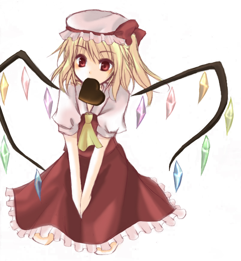 blonde_hair chocolate chocolate_heart flandre_scarlet hat heart mob_cap mouth_hold muzuki_hikari red_eyes simple_background solo touhou white_background wings