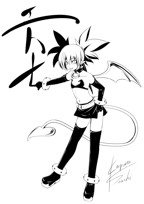 bat_wings demon_tail disgaea earrings elbow_gloves etna flat_chest gloves greyscale hagane_soushi jewelry monochrome signature solo tail thighhighs twintails wings