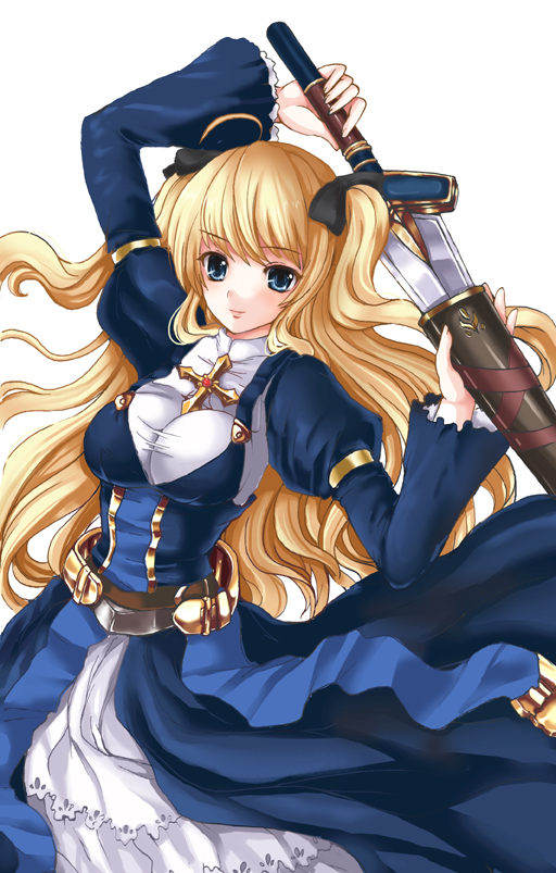 bad_id bad_pixiv_id blonde_hair blue_eyes breasts cross dress holding holding_sword holding_weapon large_breasts long_hair mafuyu original sheath solo sword twintails unsheathing weapon