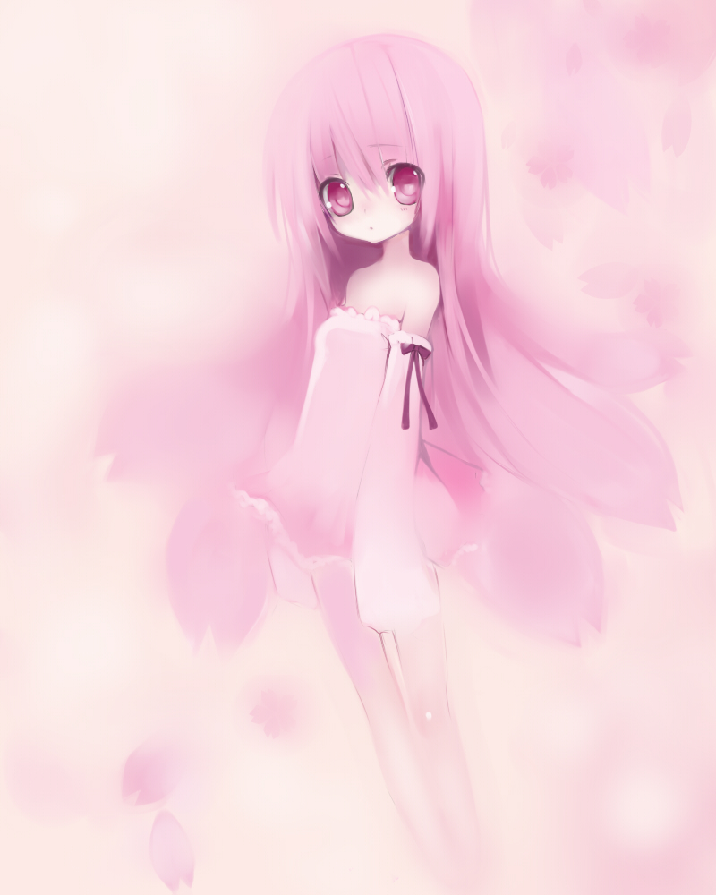 detached_sleeves dress long_hair original petals pink_eyes pink_hair saibashi solo