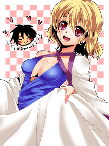 blonde_hair breasts character_request cleavage gundam gundam_seed gundam_seed_destiny heart lowres medium_breasts open_mouth stellar_loussier yui_tooru