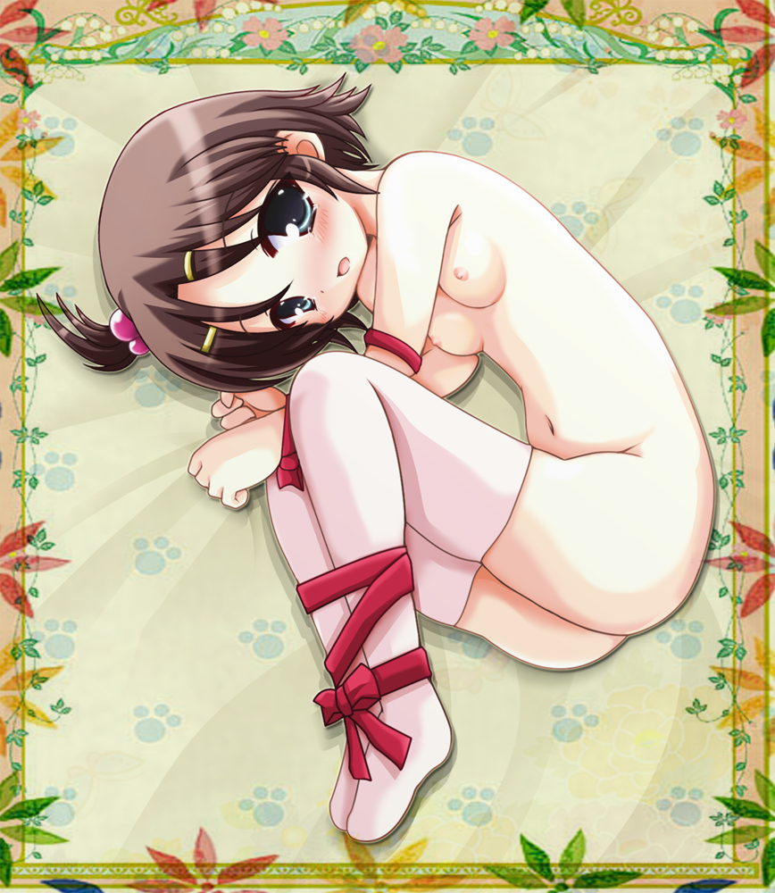 1girl artist_request bdsm blue_eyes bondage bound breasts brown_hair corpse_party hair_bobbles hair_ornament hairpin looking_at_viewer lying mayu_suzumoto nipples nude on_side open_mouth pink_legwear pixiv_manga_sample ribbon short_hair small_breasts solo suzumoto_mayu tears thighhighs tied_up