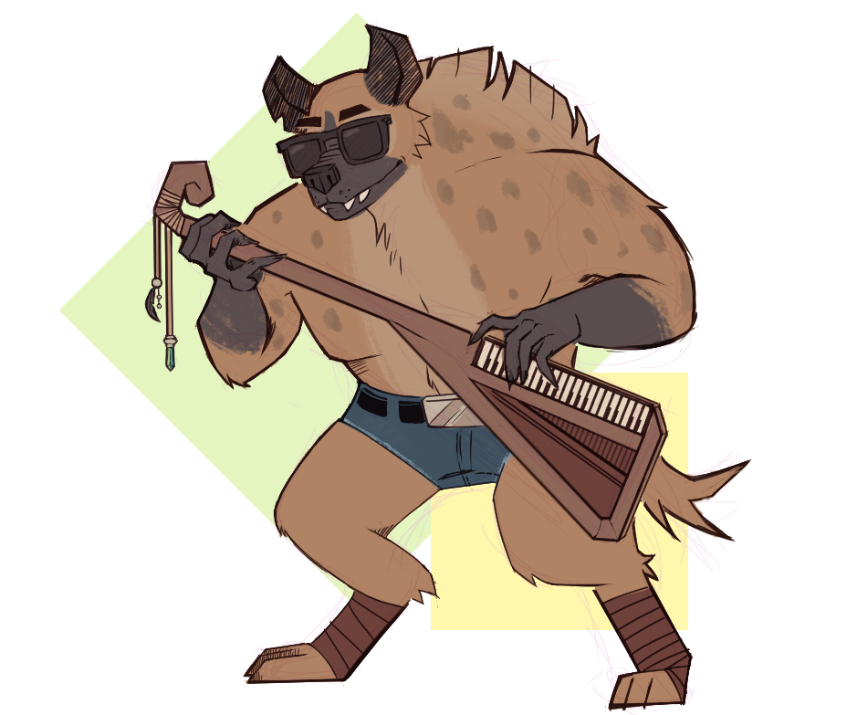 anthro barefoot belt belt_buckle billy_gnoll brown_fur claws clothed clothing cutoffs denim_shorts dungeons_&amp;_dragons eyewear fur gnoll holding_musical_instrument holding_object hyena keytar leg_wraps male mammal musical_instrument notched_ear playing_music shorts smile solo spots spotted_fur sunglasses teeth topless totallytubular wraps