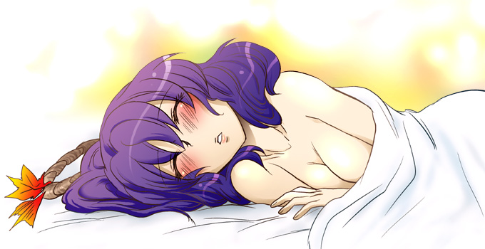 aku_(dejigiga) blush breasts cleavage medium_breasts nude purple_hair sleeping solo touhou yasaka_kanako