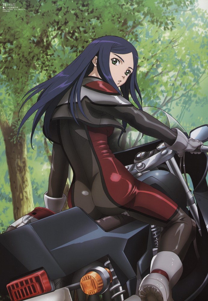 arm_support ass bangs biker_clothes bikesuit blue_hair bodysuit boots crop_top cropped_jacket day from_behind gloves green_eyes grey_footwear grey_gloves ground_vehicle head_tilt headwear_removed helmet helmet_removed hisayuki_hirokazu jacket kuga_natsuki long_hair looking_at_viewer looking_back megami motor_vehicle motorcycle motorcycle_helmet my-hime non-web_source official_art open_clothes open_jacket open_mouth outdoors parted_bangs parted_lips riding scan shiny shiny_clothes sidelocks skin_tight solo straddling swept_bangs tree visor