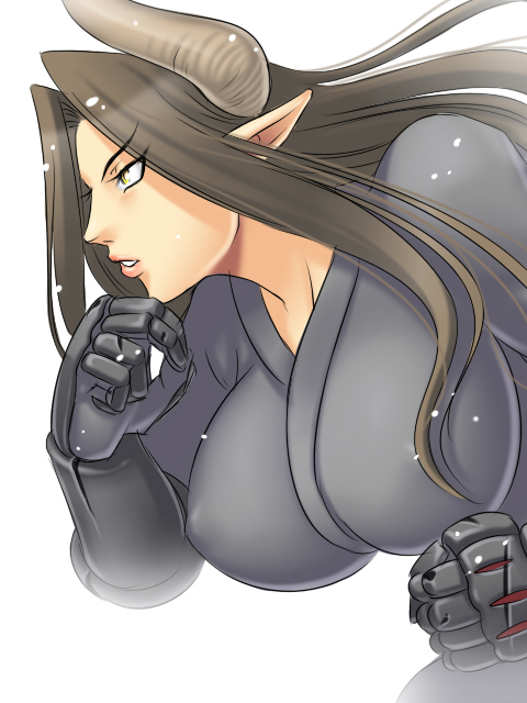 amaga_sakuramaru bad_id bad_pixiv_id breasts brown_hair gloves horns huge_breasts lips long_hair parted_lips pixiv_yousenki pointy_ears solo white_background