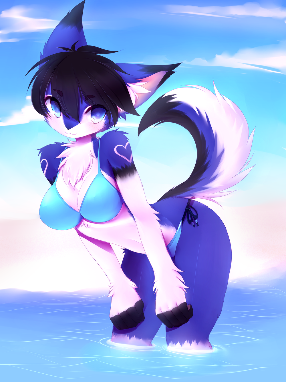 5_fingers anthro bikini black_hair black_nose blue_eyes blue_fur breasts canine clothing countershade_face countershade_tail countershade_torso countershading crunchobar detailed_background female fur hair heart_marking leaning leaning_forward looking_at_viewer mammal outside portrait saki_(garasaki) sea seascape short_hair sky smile solo standing swimsuit three-quarter_portrait water white_countershading white_fur wolf