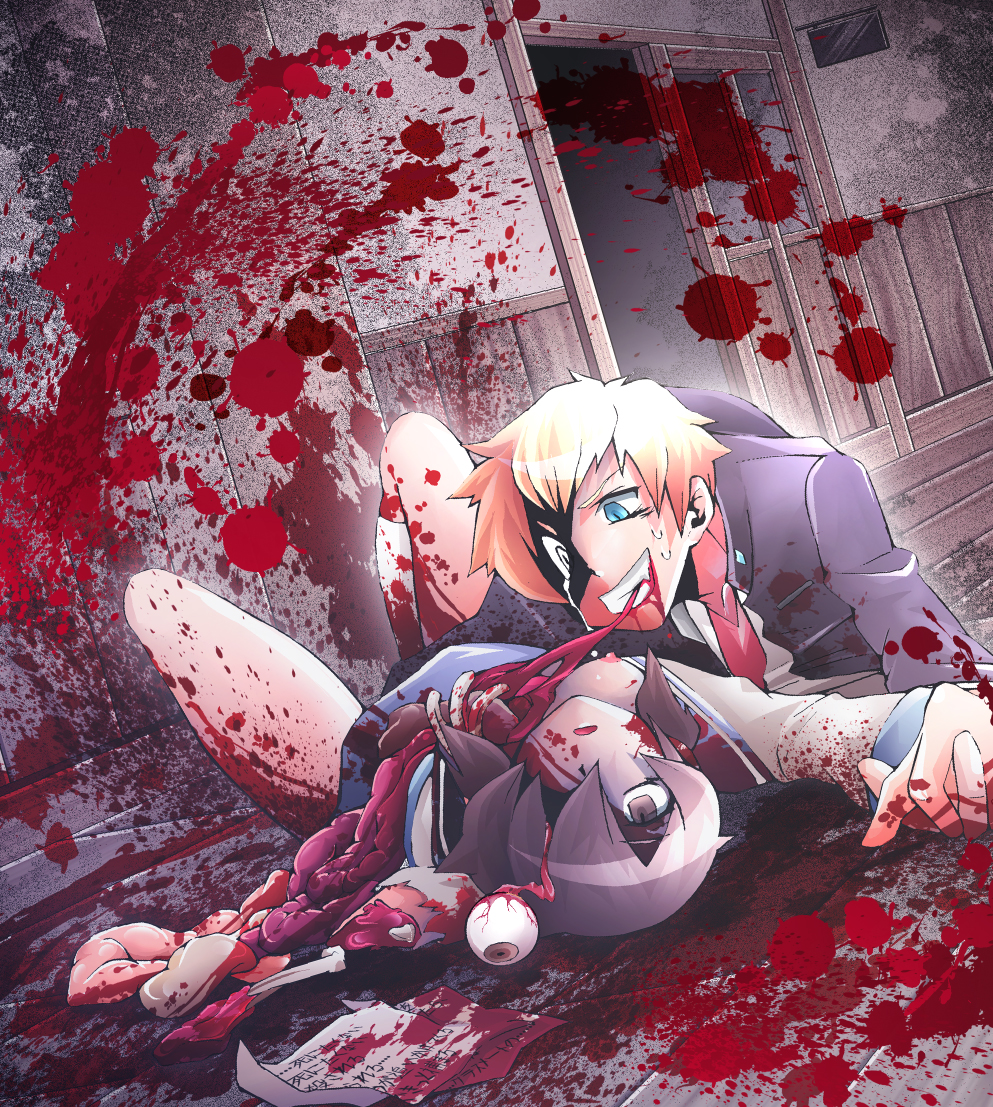 1girl bad_end blonde_hair blood blood_on_face bloody_clothes blue_eyes breasts brown_eyes brown_hair cannibalism corpse corpse_party crazy crazy_eyes crazy_smile death eating eyeball fang grin guro hair_over_one_eye holding_hands intestines kishinuma_yoshiki nipples note organs ribs rokuhara school_uniform shinozaki_ayumi short_hair short_twintails slit_pupils small_breasts smile spoilers sweatdrop tears twintails