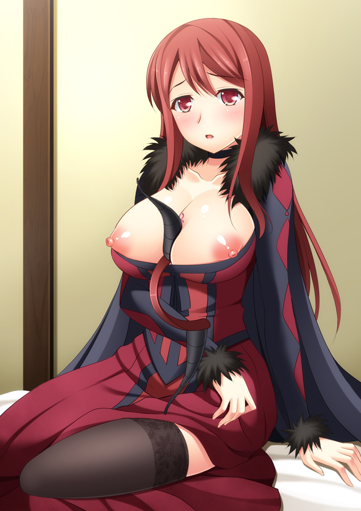 :o argyle arm_support bangs bed between_breasts black_legwear blush breast_tattoo breasts cape choker dress fake_horns fur_trim hairband headwear_removed indoors lace lace-trimmed_thighhighs large_breasts long_dress long_hair long_sleeves looking_at_viewer maou_(maoyuu) maoyuu_maou_yuusha narutaki_shin nipple_slip nipples open_mouth puffy_nipples red_dress red_eyes red_hair sidelocks sitting solo tattoo thighhighs