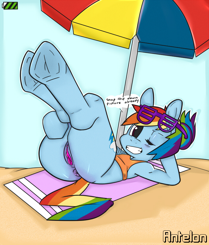 antelon anthro anus beach beach_umbrella bottomless butt english_text equine female friendship_is_magic hair_bun hooves horse legs_up looking_at_viewer lying mammal my_little_pony on_back one_eye_closed outside paws pony pussy rainbow_dash rainbow_dash_(mlp) sand seaside semi-anthro shutter_shades solo text tube_top umbrella wink