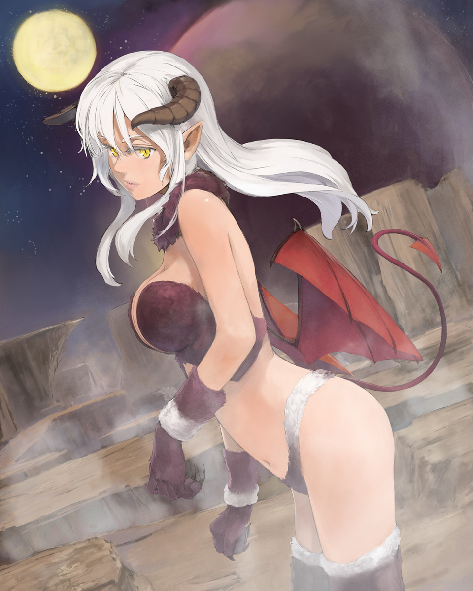 breasts bustier claws cleavage demon_girl demon_tail demon_wings full_moon highres horns kuroko_(piii) large_breasts lips long_hair low_wings midriff moon navel original parted_lips pointy_ears slit_pupils solo tail thighhighs white_hair wings yellow_eyes