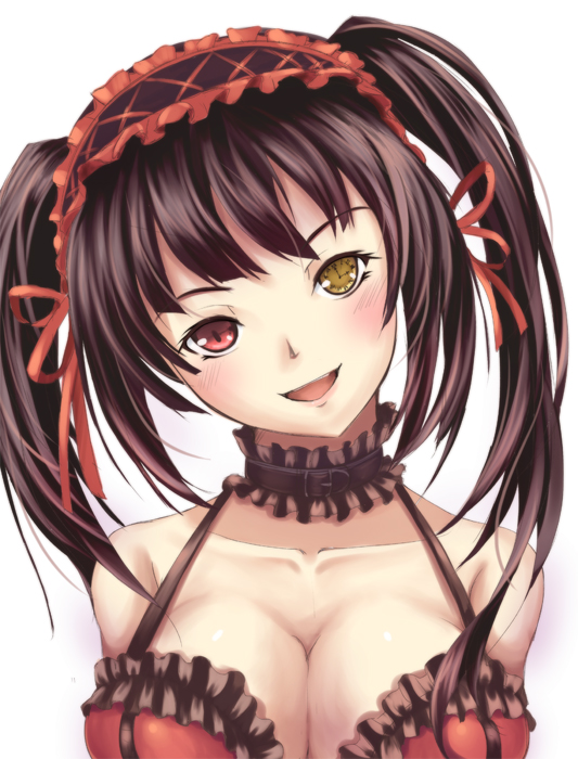 blush breasts brown_hair cleavage collar collarbone date_a_live frills heterochromia large_breasts lolita_fashion open_mouth red_eyes ryo_(sora-ryu) short_hair solo tokisaki_kurumi twintails white_background yellow_eyes