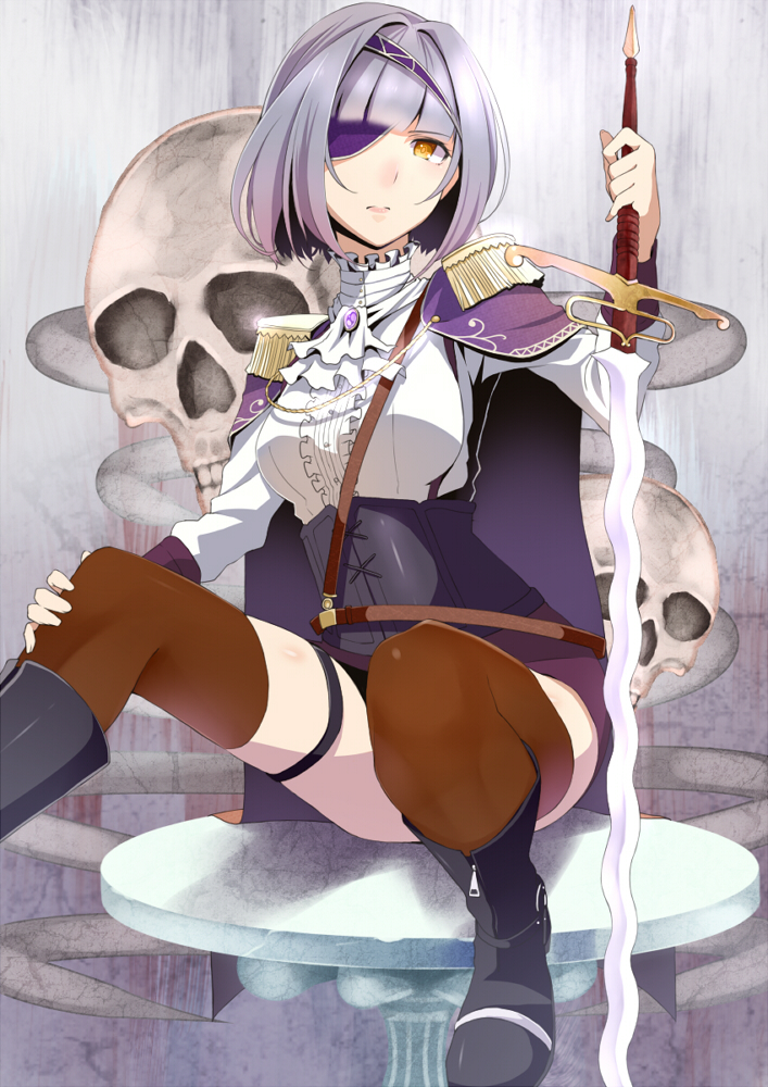 boots cape corset cravat epaulettes eyepatch frills original parted_lips retsuna short_hair silver_hair sitting skull solo sword thighhighs weapon yellow_eyes