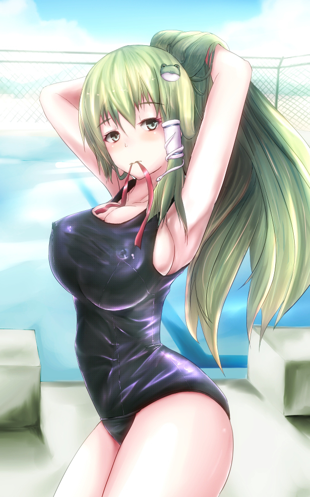 adjusting_bow adjusting_hair armpits arms_behind_head black_school_swimsuit bow breasts cloud covered_nipples day frog_hair_ornament green_eyes green_hair hair_ornament hair_tubes hairdressing kochiya_sanae large_breasts long_hair mouth_hold nekonayasai one-piece_swimsuit outdoors pool poolside reflection ribbon school_swimsuit shadow sky smile snake_hair_ornament solo swimsuit touhou water