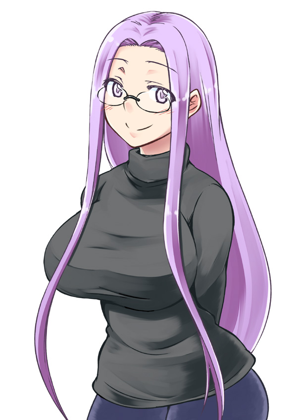 arms_behind_back blush breasts fate/stay_night fate_(series) glasses huge_breasts long_hair purple_eyes purple_hair rider rimless_eyewear simple_background smile solo sweater white_background zanku