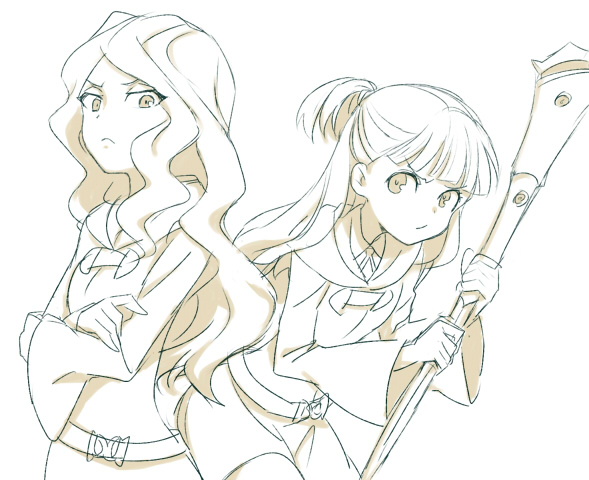 crossed_arms diana_cavendish frown kagari_atsuko little_witch_academia long_hair multiple_girls sketch staff tuku4331