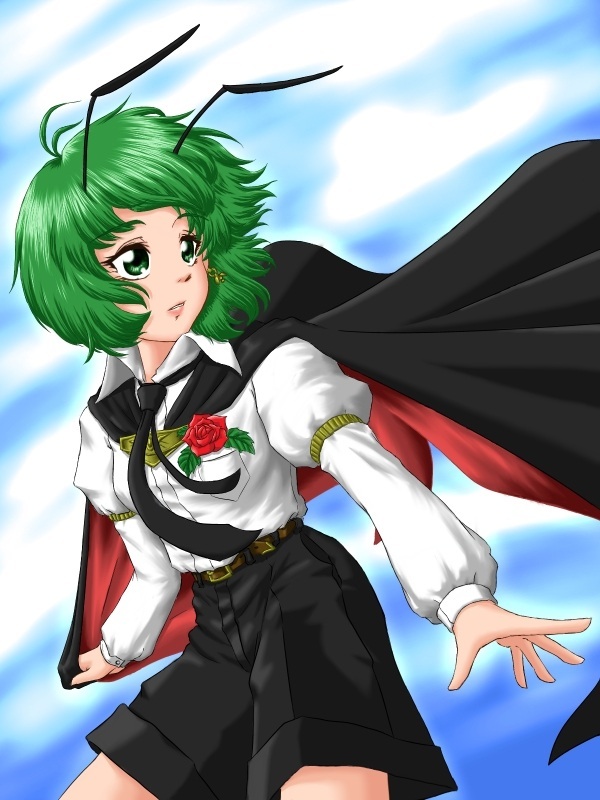 antennae armband belt blue_sky cape cape_tug cloud dress_shirt earrings flower green_eyes green_hair jewelry lips long_sleeves looking_away looking_back necktie parted_lips red_flower red_rose rose shirt short_hair shorts single_earring sky soarer_limited solo touhou wind wind_lift wriggle_nightbug