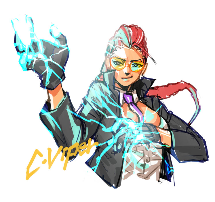between_breasts breasts cleavage crimson_viper dark_skin electricity glasses long_hair medium_breasts necktie necktie_between_breasts okada_(hoooojicha) pompadour red_hair solo street_fighter street_fighter_iv_(series) sunglasses