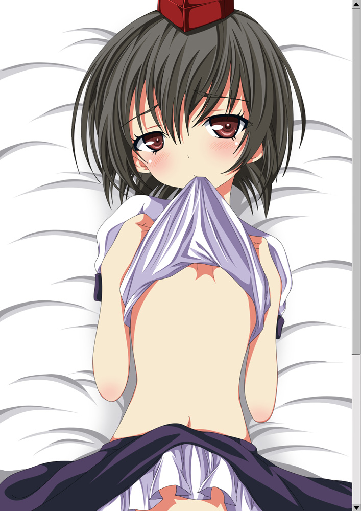 bad_id bad_pixiv_id black_hair blush breasts brown_eyes fake_scrollbar hands_on_own_chest hat looking_at_viewer lying ma-yu midriff mouth_hold navel on_back out-of-frame_censoring shameimaru_aya shirt_lift short_hair skirt skirt_lift small_breasts solo tokin_hat touhou underboob