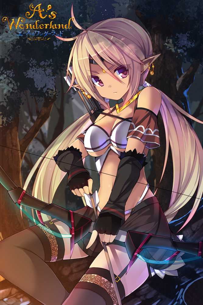 a's_wonderland ahoge arrow bare_shoulders blonde_hair bow_(weapon) chiri_(atlanta) earrings elf fingerless_gloves forest garter_straps gloves jewelry long_hair nature night original pointy_ears purple_eyes solo thighhighs tree twintails weapon