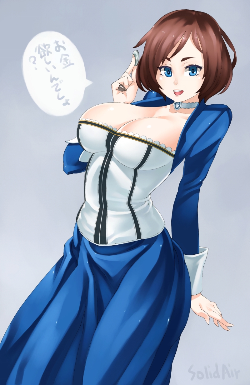 bioshock bioshock_infinite blue_background blue_eyes breasts brown_hair choker coin elizabeth_(bioshock_infinite) highres large_breasts looking_at_viewer open_mouth short_hair smile solo thimble translated zonda_(solid_air)