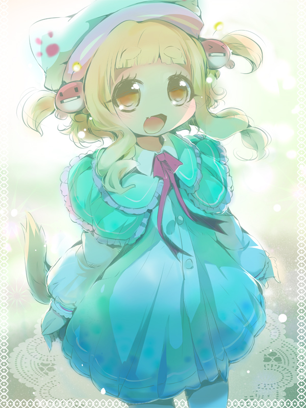blonde_hair blue_dress brown_eyes capelet cat_tail dress fang hair_ornament hat hat_with_ears neckerchief open_mouth original paw_print smile solo tail two_side_up usoneko