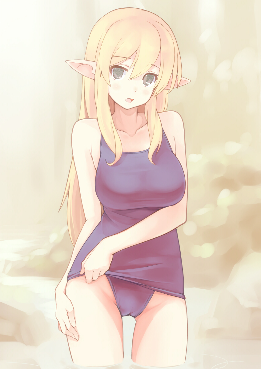 bad_id bad_pixiv_id bare_shoulders blonde_hair cameltoe elf green_eyes highres long_hair macho_edamatsu one-piece_swimsuit open_mouth original partially_submerged pointy_ears school_swimsuit solo swimsuit