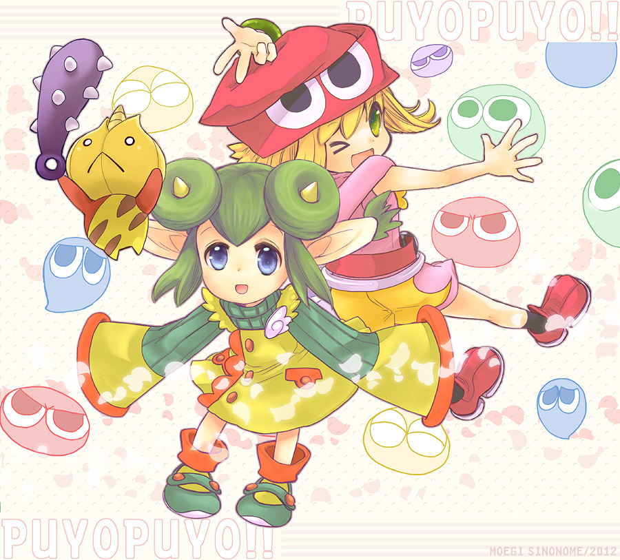 2girls :&lt; amitie_(puyopuyo) artist_name blonde_hair blue_eyes club copyright_name creature double_bun full_body green_eyes green_hair hat horns multiple_girls one_eye_closed onion_pixy oversized_clothes pointy_ears puyo_(puyopuyo) puyopuyo puyopuyo_fever rider_(puyopuyo) shinonome_moegi shoes short_hair shorts skirt sleeves_past_wrists smile spiked_club v weapon