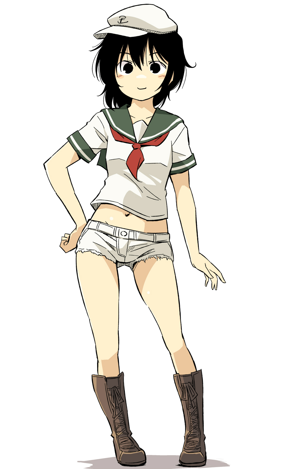 black_eyes black_hair boots cross-laced_footwear full_body hand_on_hip hat highres lace-up_boots looking_at_viewer midriff murasa_minamitsu navel neckerchief sailor sailor_hat shirt short_shorts short_sleeves shorts simple_background smile solo standing touhou white_background yudepii