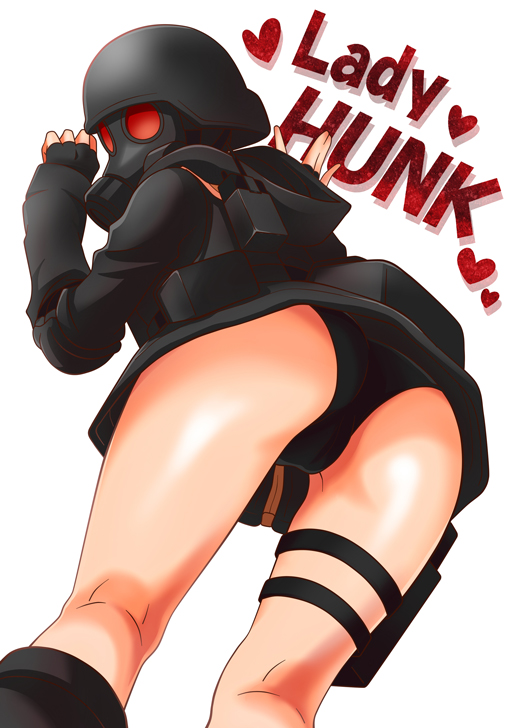 ass black_gloves black_jacket elbow_pads gas_mask gloves heart helmet holster hood hooded_jacket jacket lady_hunk long_sleeves looking_at_viewer looking_back no_pants panties pouch resident_evil resident_evil_revelations solo underwear zipper