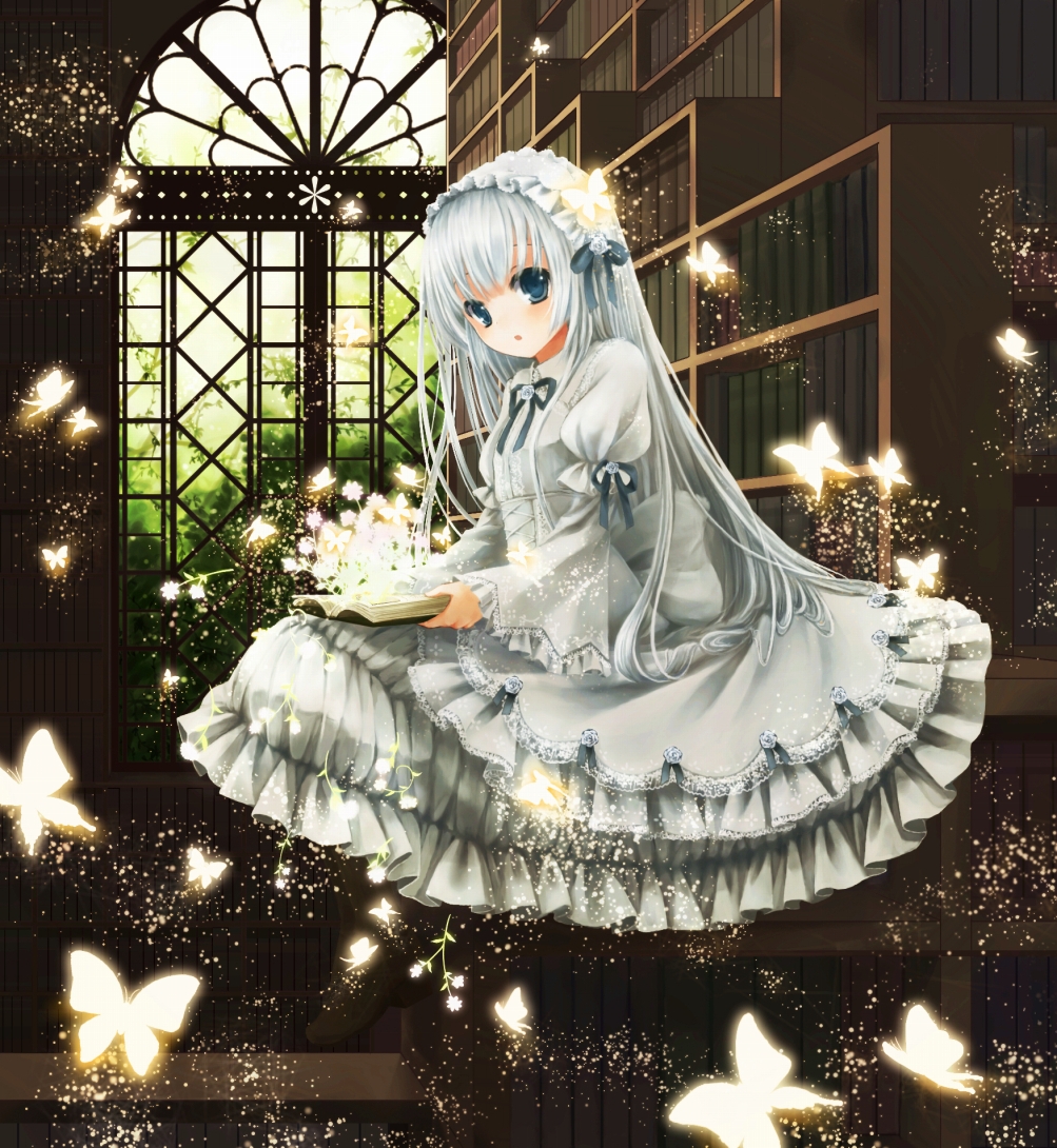 blue_eyes blush book bookshelf bow bug butterfly coluel dress flower frilled_dress frills glowing_butterfly gothic_lolita hair_ornament hairband headband holding holding_book insect library lolita_fashion lolita_hairband long_hair looking_at_viewer open_book open_mouth original purple_eyes ribbon shoes silver_hair sitting skirt solo too_many too_many_books white_dress