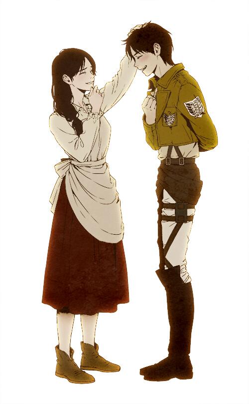 1girl apron bad_id bad_twitter_id black_hair blush boots carla_yeager closed_eyes emblem eren_yeager hand_on_another's_head jacket jijangdol long_hair mother_and_son paradis_military_uniform salute shingeki_no_kyojin smile survey_corps_(emblem) thigh_strap