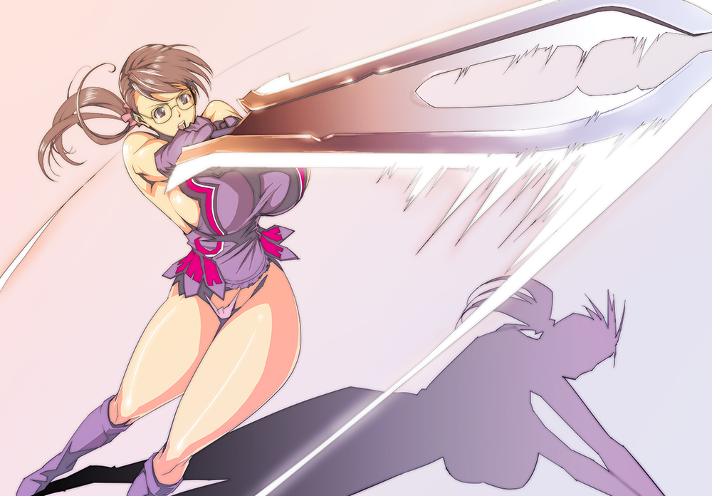 black_hair boots breasts brown_eyes brown_hair cattleya glasses gloves huge_breasts long_hair miura_takehiro open_mouth ponytail queen's_blade shadow simple_background solo swinging sword weapon