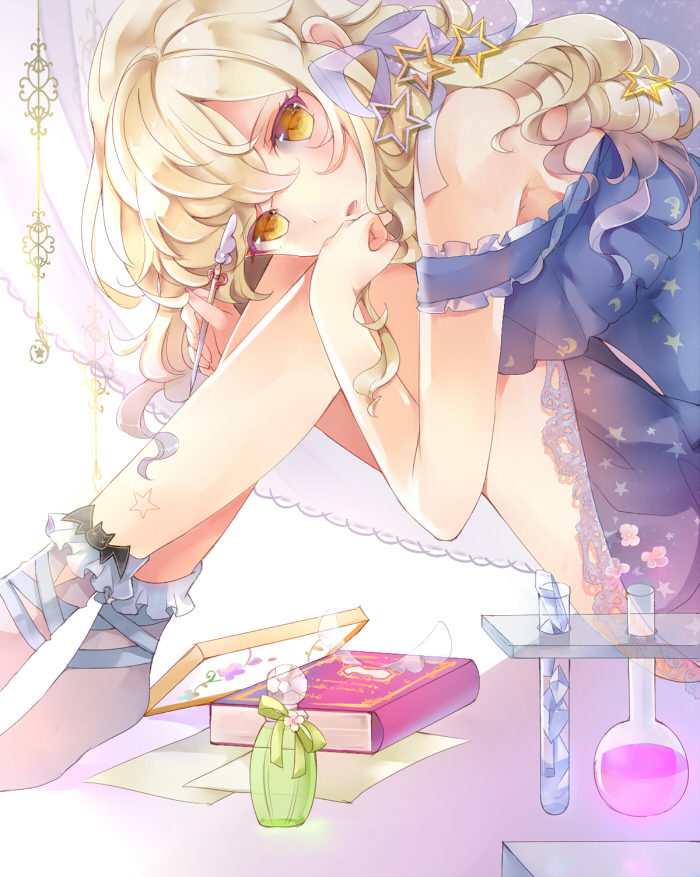 bad_id bad_pixiv_id blonde_hair book hair_ribbon long_hair original ribbon solo star tukino_(panna) yellow_eyes