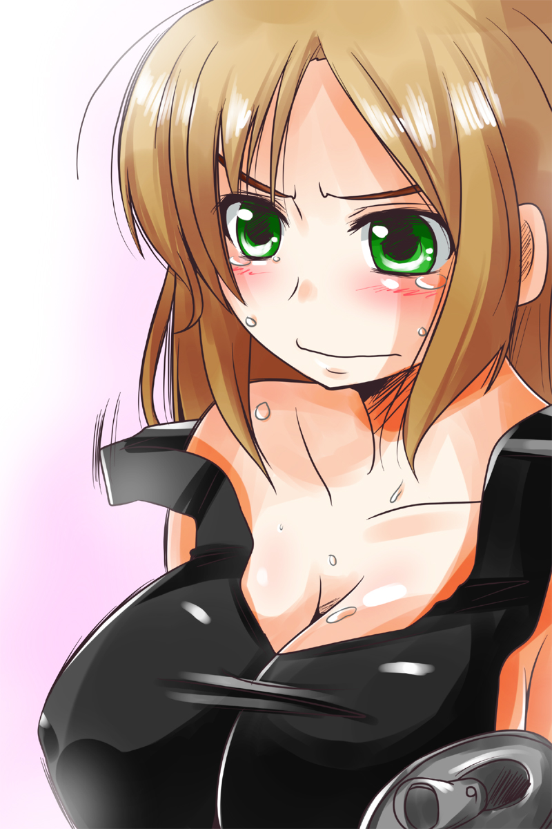 blush breasts brown_hair can cleavage green_eyes highres large_breasts long_hair nishi_koutarou original solo strap_slip tank_top tears upper_body