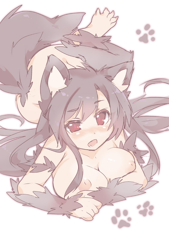 animal_ears barefoot blush breasts brown_hair full_body fur imaizumi_kagerou large_breasts long_hair nipples nude open_mouth paw_print red_eyes simple_background solo tail touhou transpot_nonoko white_background wolf_ears wolf_tail