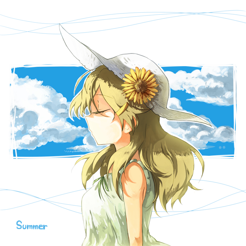 blonde_hair closed_eyes cloud flower hair_ornament hairclip hat krbi long_hair profile shinomiya_himawari solo sun_hat sunflower vividred_operation