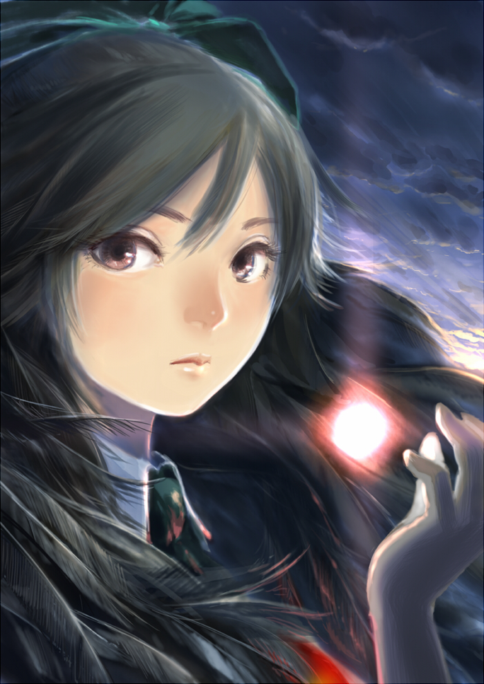 black_hair blue_sky bow brooch cloud eyelashes feathers hair_bow hand_up hosimo jewelry light lips looking_at_viewer portrait red_eyes reiuji_utsuho sky solo third_eye touhou twilight