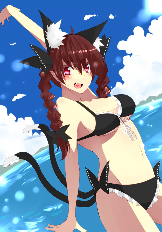 animal_ears bad_id bad_pixiv_id beach bikini bow braid cat_ears cat_tail cloud day front-tie_top hair_bow heart heart_in_mouth jont kaenbyou_rin long_hair multiple_tails ocean outdoors red_eyes red_hair ribbon sky solo swimsuit tail touhou twin_braids twintails water